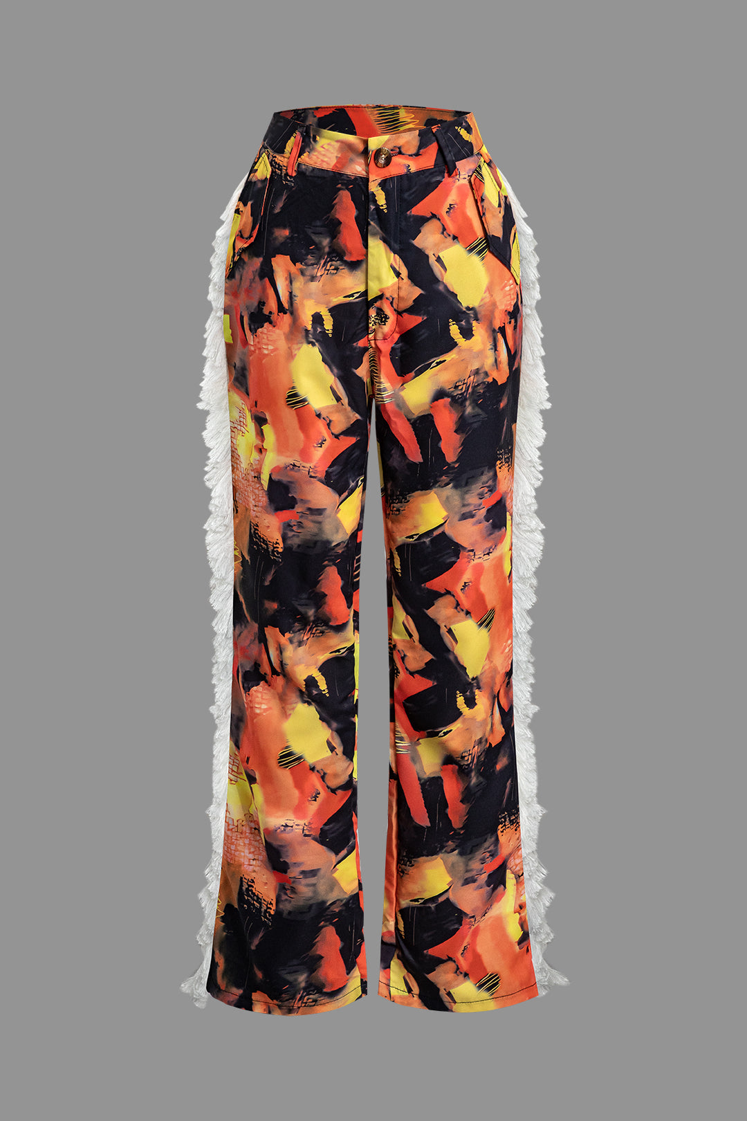 Trendy Abstract Print Fringe Pants for Y2K Aesthetic and Grunge Style Outfits