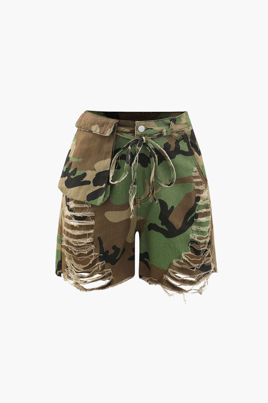 Trendy Camo Destroyed Cargo Shorts for Y2K Aesthetic and Grunge Style Outfits