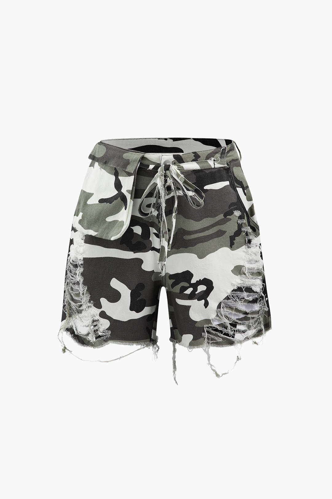 Trendy Camo Destroyed Cargo Shorts for Y2K Aesthetic and Grunge Style Outfits