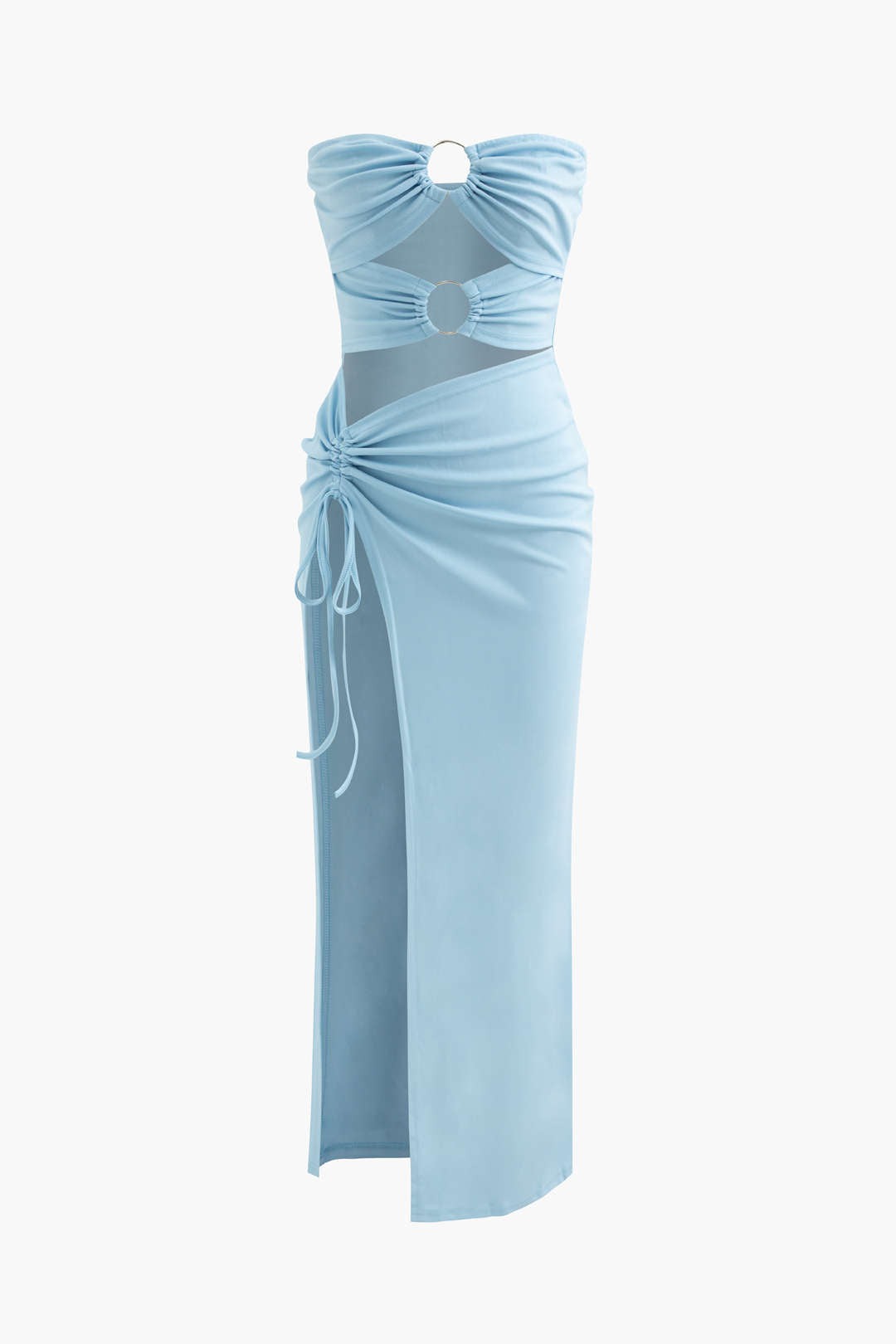 Trendy Cut Out Drawstring Slit Strapless Midi Dress for Y2K Aesthetic Fashion Lovers