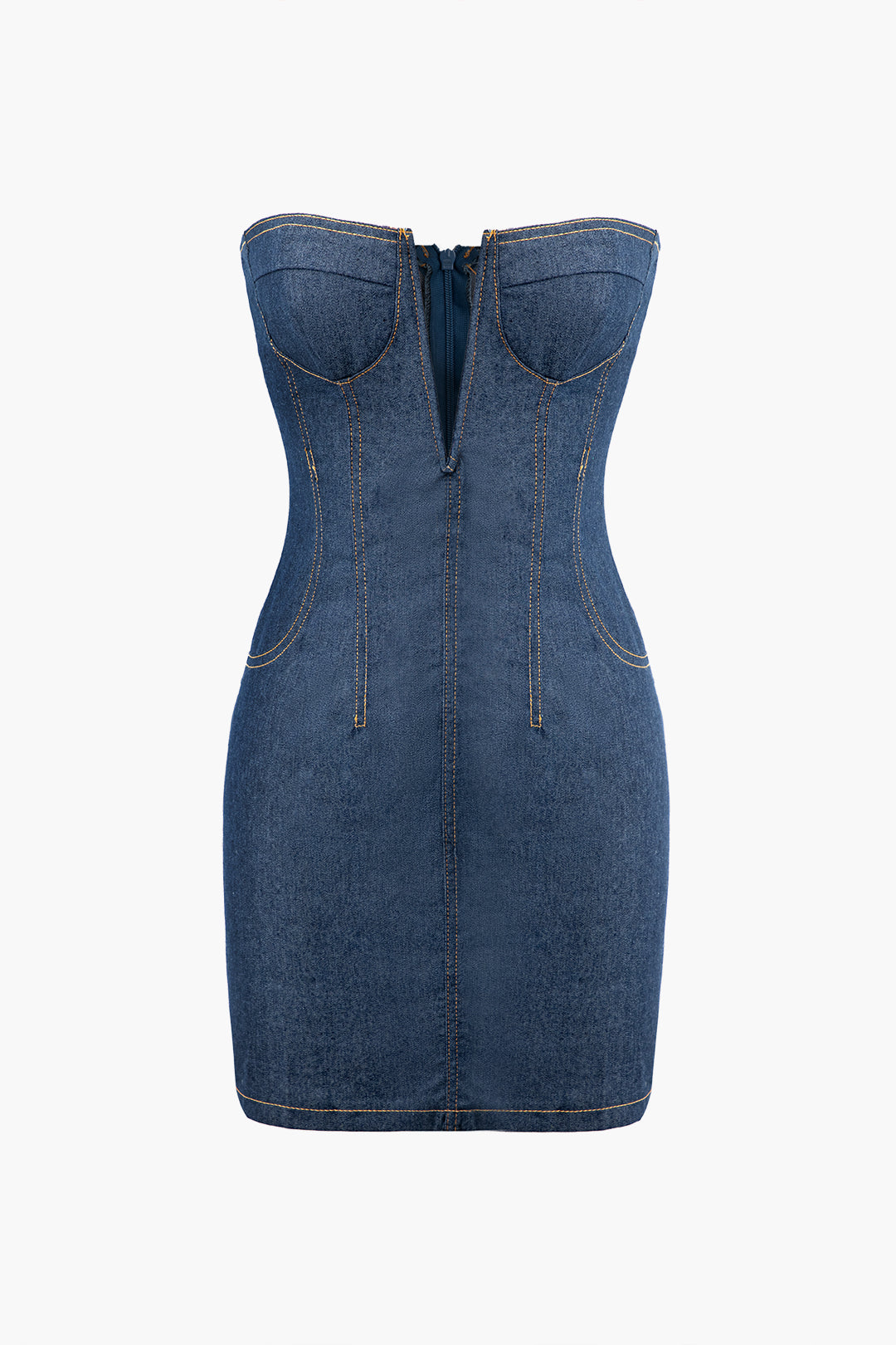 Trendy Deep V-Neck Denim Strapless Mini Dress for Y2K Aesthetic and Coquette Style