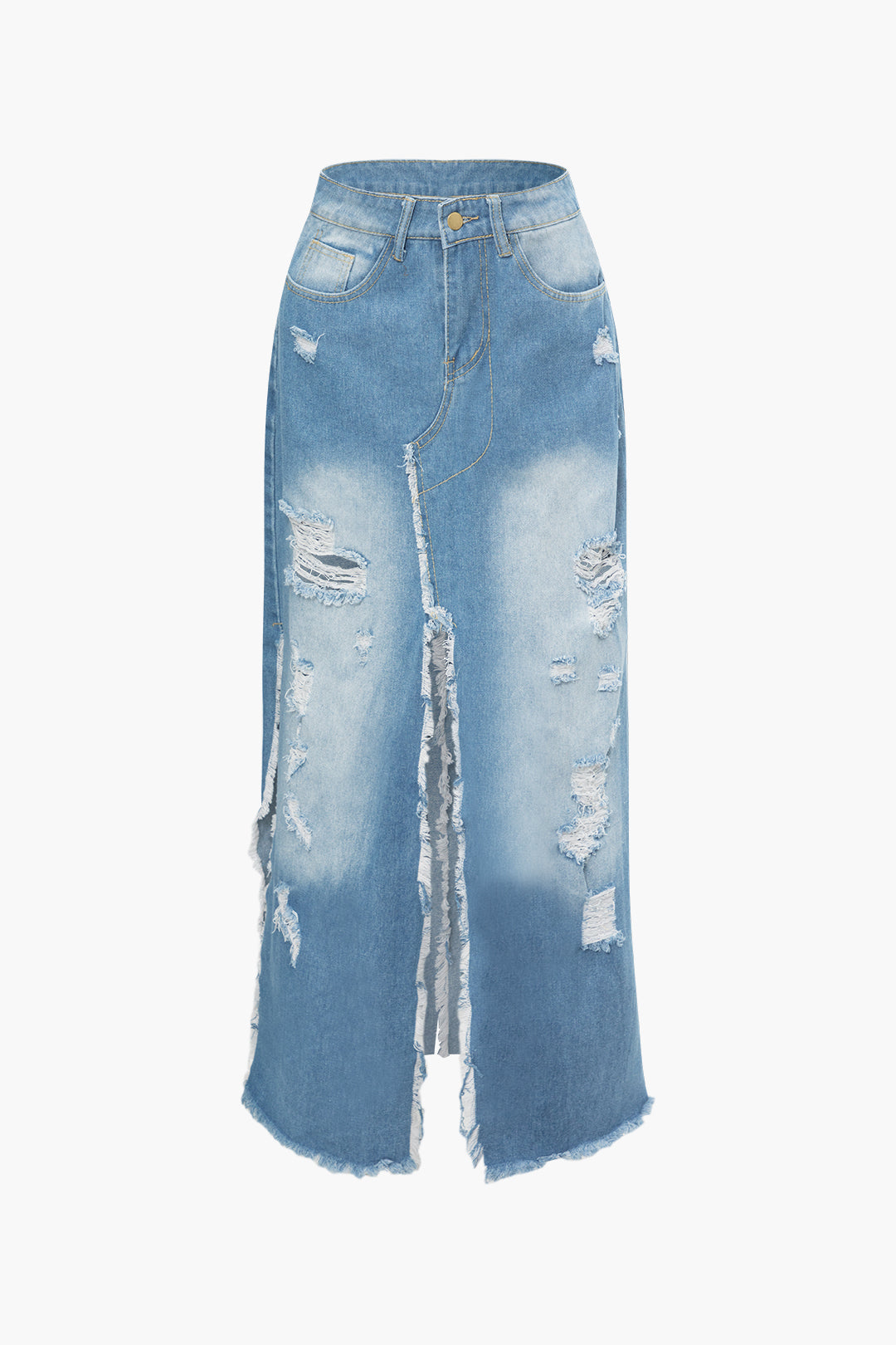 Trendy Destroyed Frayed Split Denim Skirt for Y2K Aesthetic and Grunge Style Lovers