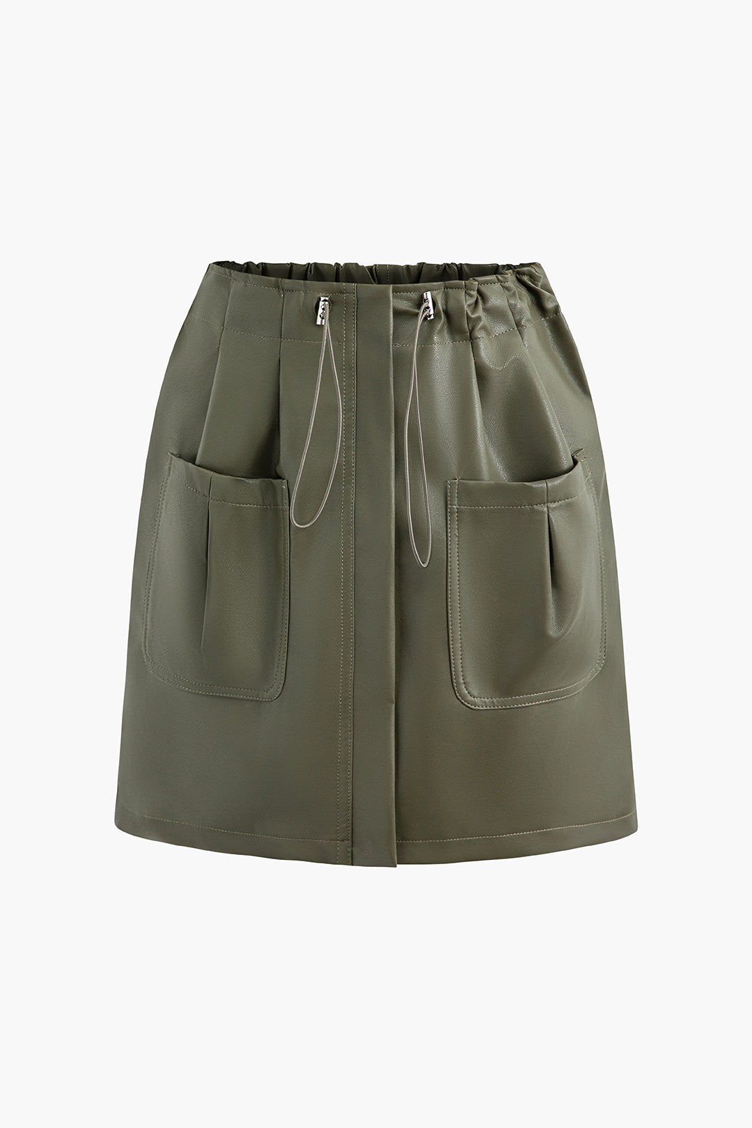 Trendy Drawstring Ruched Pocket Pleated Faux Leather Skirt for Y2K Aesthetic Outfits