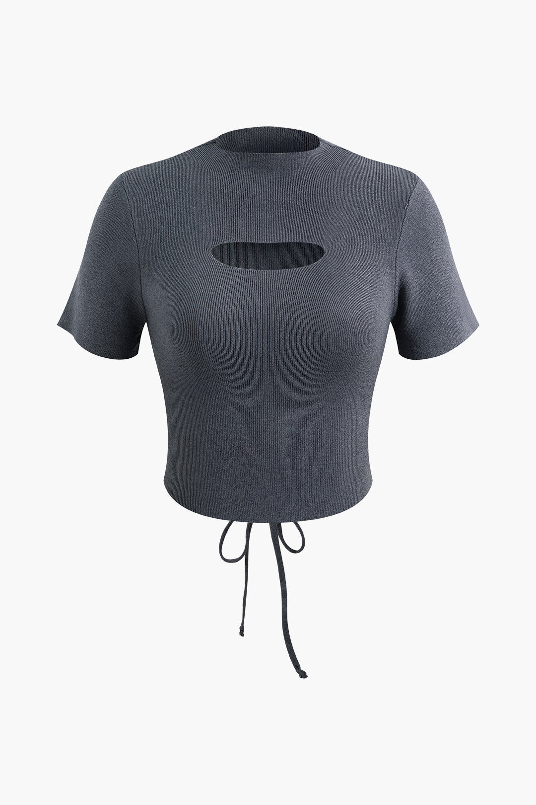 Trendy Mock Neck Cut Out Drawstring Knit T-Shirt for Y2K Aesthetic Outfits