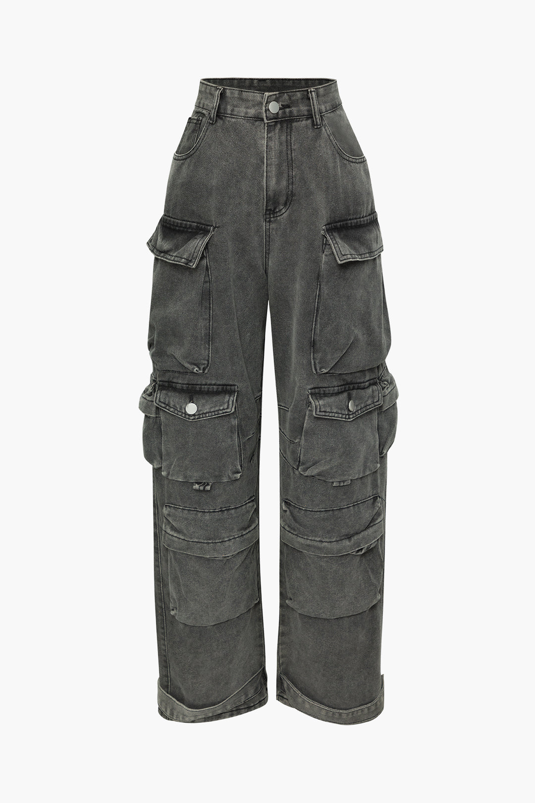 Trendy Multi Pocket Wide Leg Cargo Jeans with Rolled Hem for Y2K Aesthetic Outfits