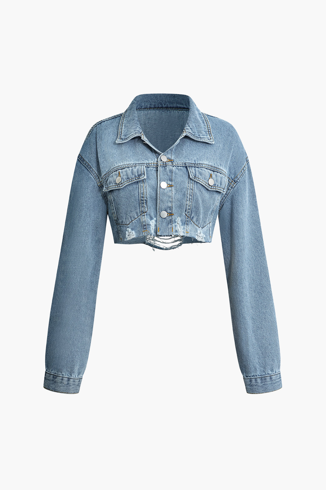 Trendy Ripped Denim Crop Jacket for Y2K Aesthetic Outfits and Grunge Style Looks