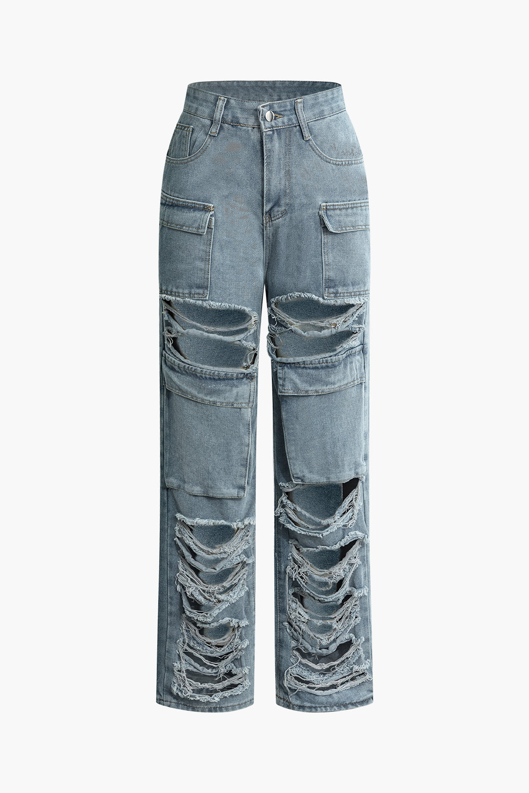 Trendy Ripped Flap Pocket Straight Leg Jeans for Y2K Aesthetic and Grunge Style Outfits