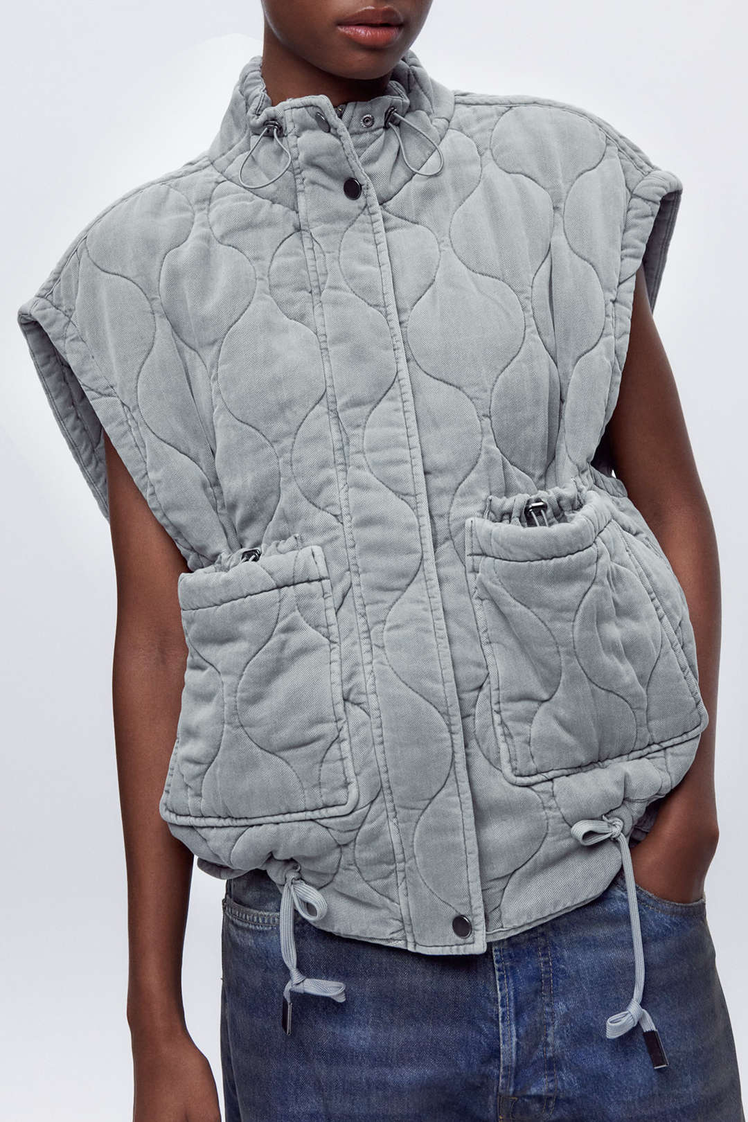 Trendy Stand Collar Drawstring Pocket Quilted Puffer Vest for Y2K Aesthetic Outfits