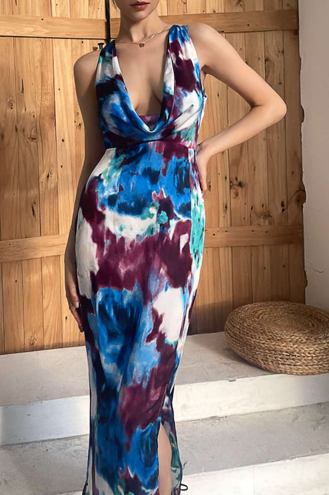 Trendy Tie Dye Cowl Neck Slit Maxi Dress for Y2K Aesthetic and Coquette Style