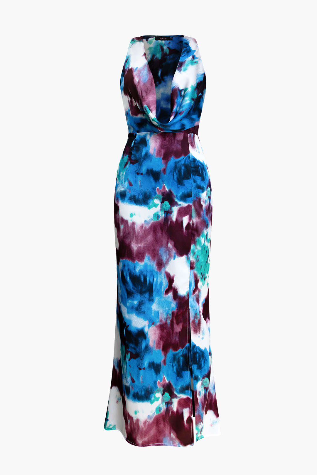 Trendy Tie Dye Cowl Neck Slit Maxi Dress for Y2K Aesthetic and Coquette Style