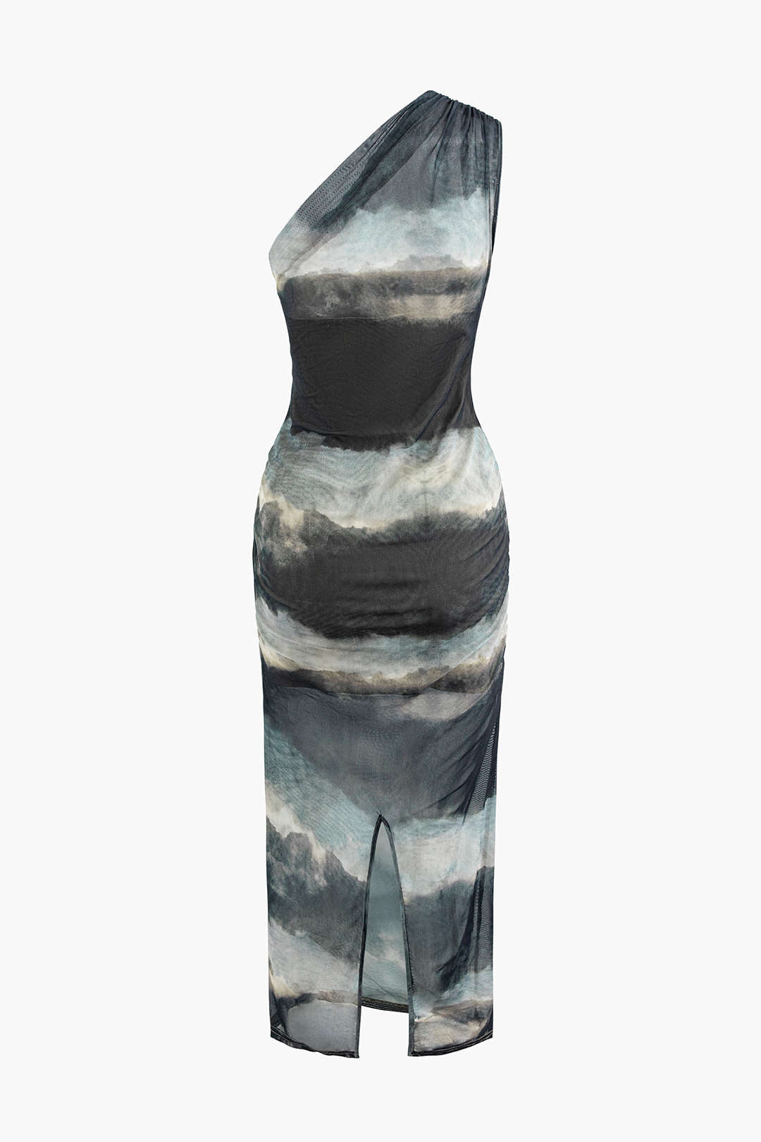 Trendy Tie Dye One Shoulder Mesh Slit Midi Dress for Y2K Aesthetic Fashion Lovers