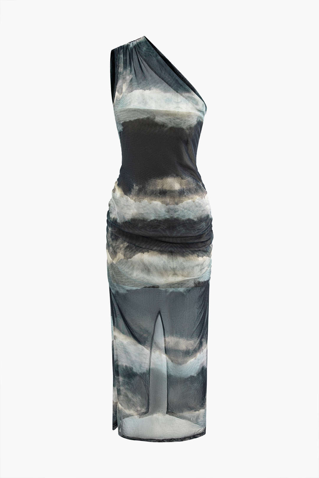 Trendy Tie Dye One Shoulder Mesh Slit Midi Dress for Y2K Aesthetic Fashion Lovers