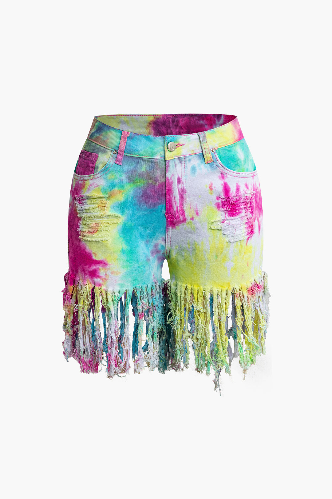 Trendy Tie Dye Tassel Denim Shorts for Y2K Aesthetic and Grunge Style Outfits