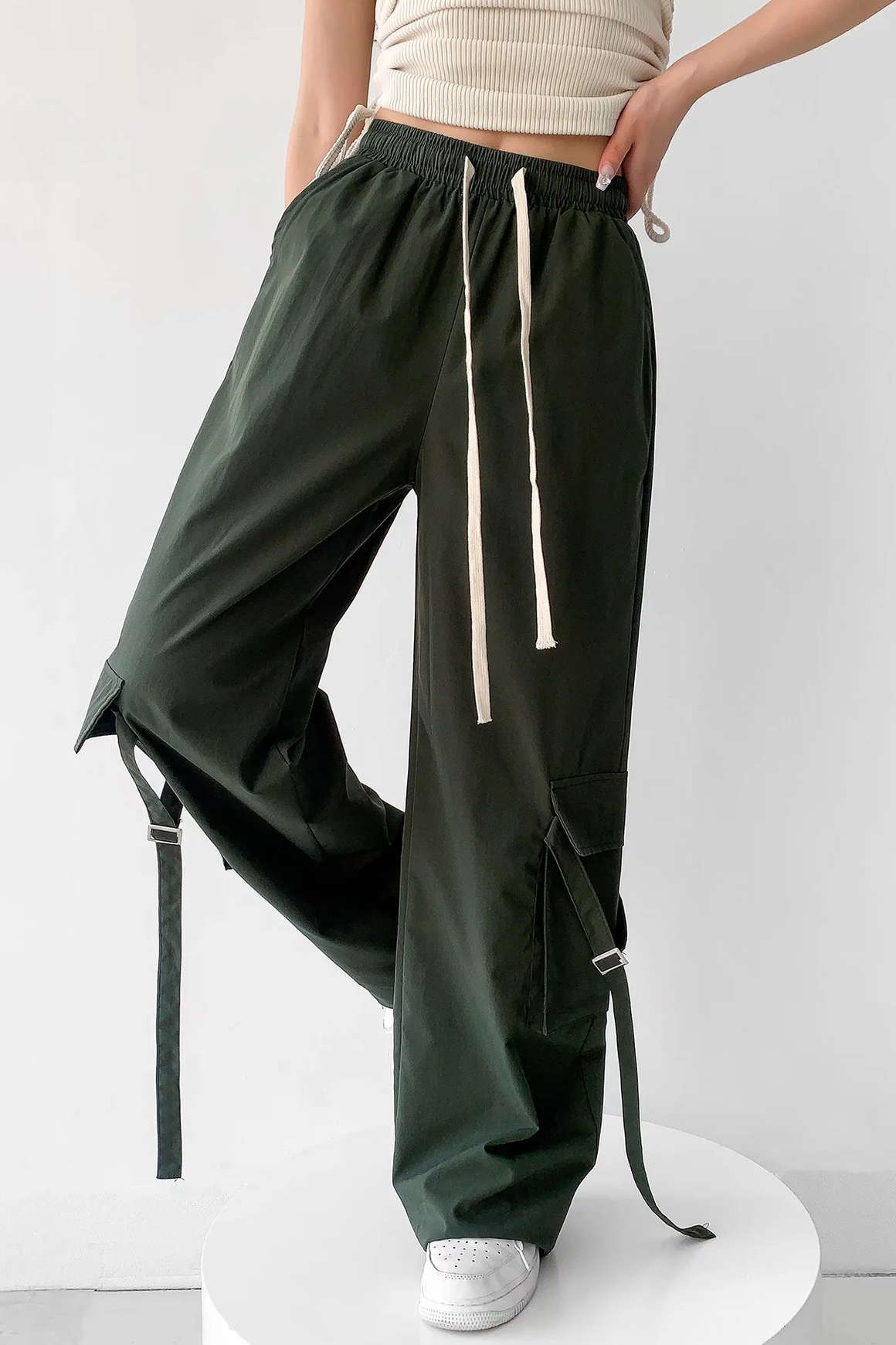 Trendy Y2K Cargo Pants with Drawstring Waist and Flap Pockets for Aesthetic Outfits