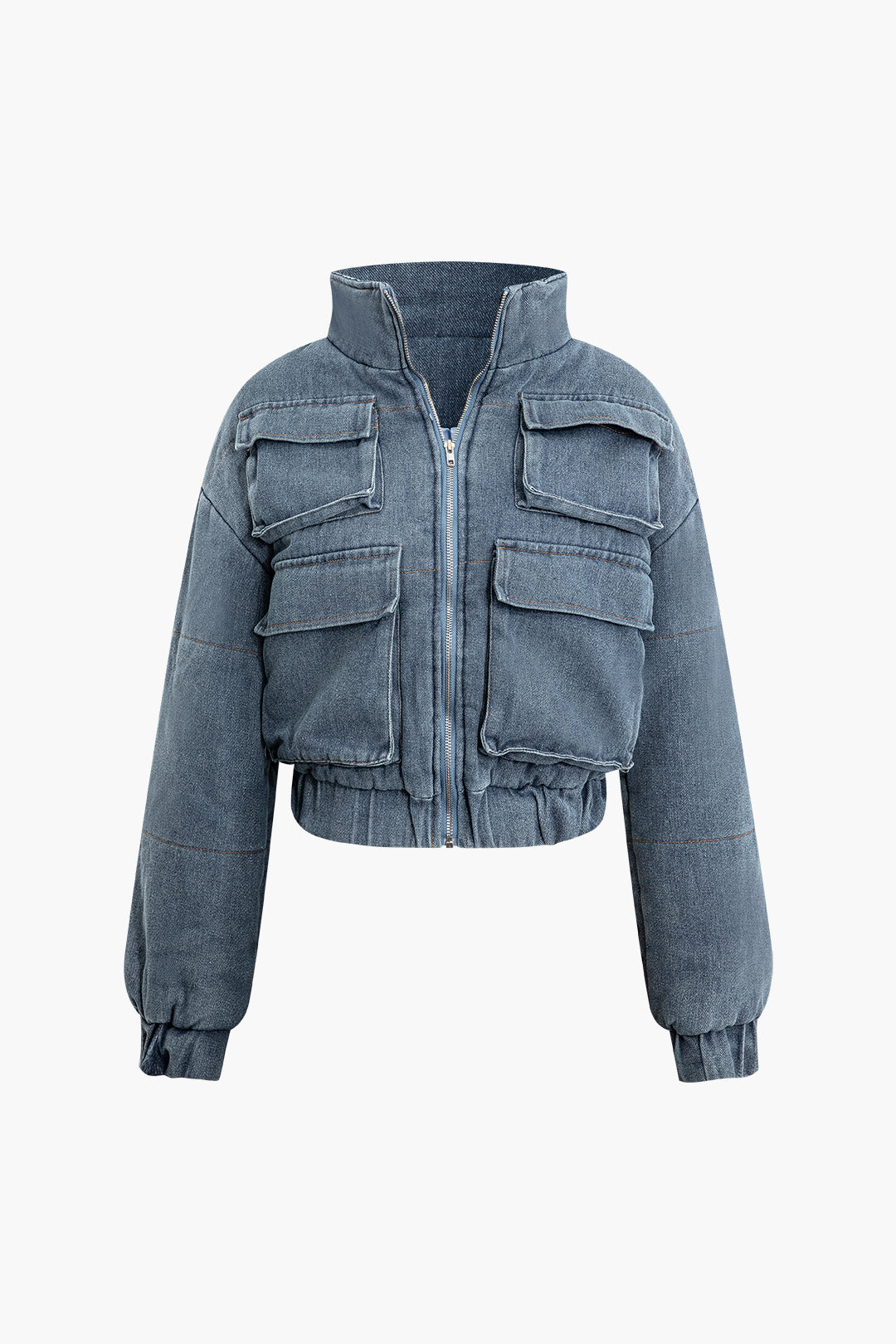 Trendy Y2K Denim Coat with Stand Collar and Flap Pockets for Aesthetic Outfits