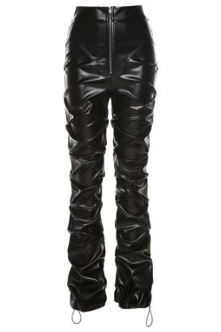 Trendy Y2K Ruched Zip-Up PU Leather Pants for a Chic Grunge Aesthetic Look