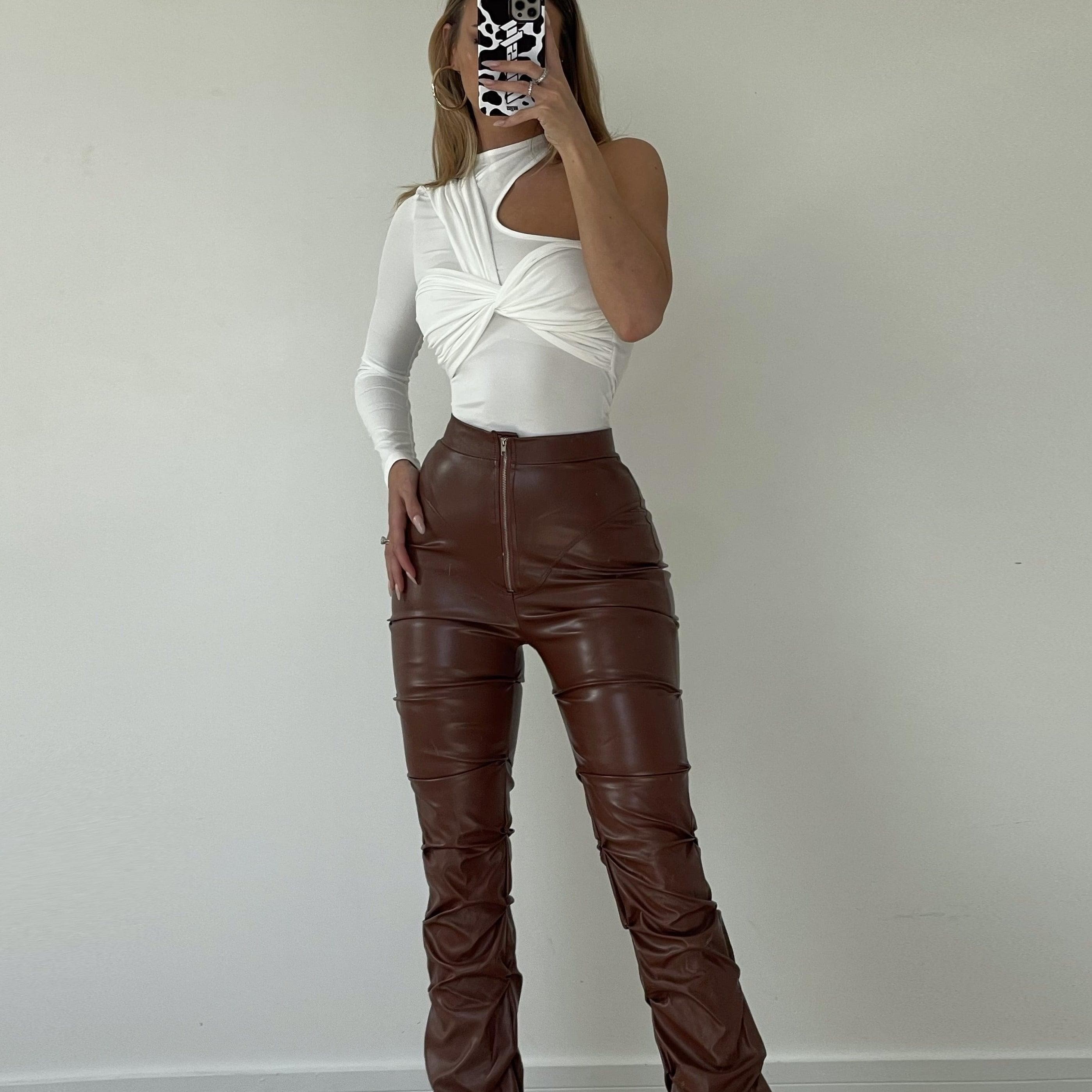 Trendy Y2K Ruched Zip-Up PU Leather Pants for a Chic Grunge Aesthetic Look