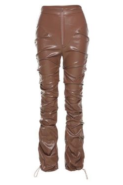 Trendy Y2K Ruched Zip-Up PU Leather Pants for a Chic Grunge Aesthetic Look