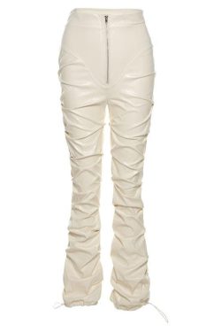 Trendy Y2K Ruched Zip-Up PU Leather Pants for a Chic Grunge Aesthetic Look