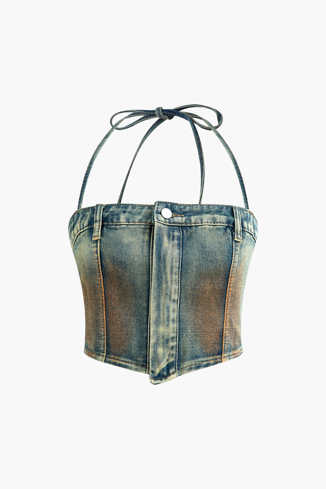 Trendy Y2K Stained Halter Denim Cami Top for Coquette and Grunge Aesthetic Outfits