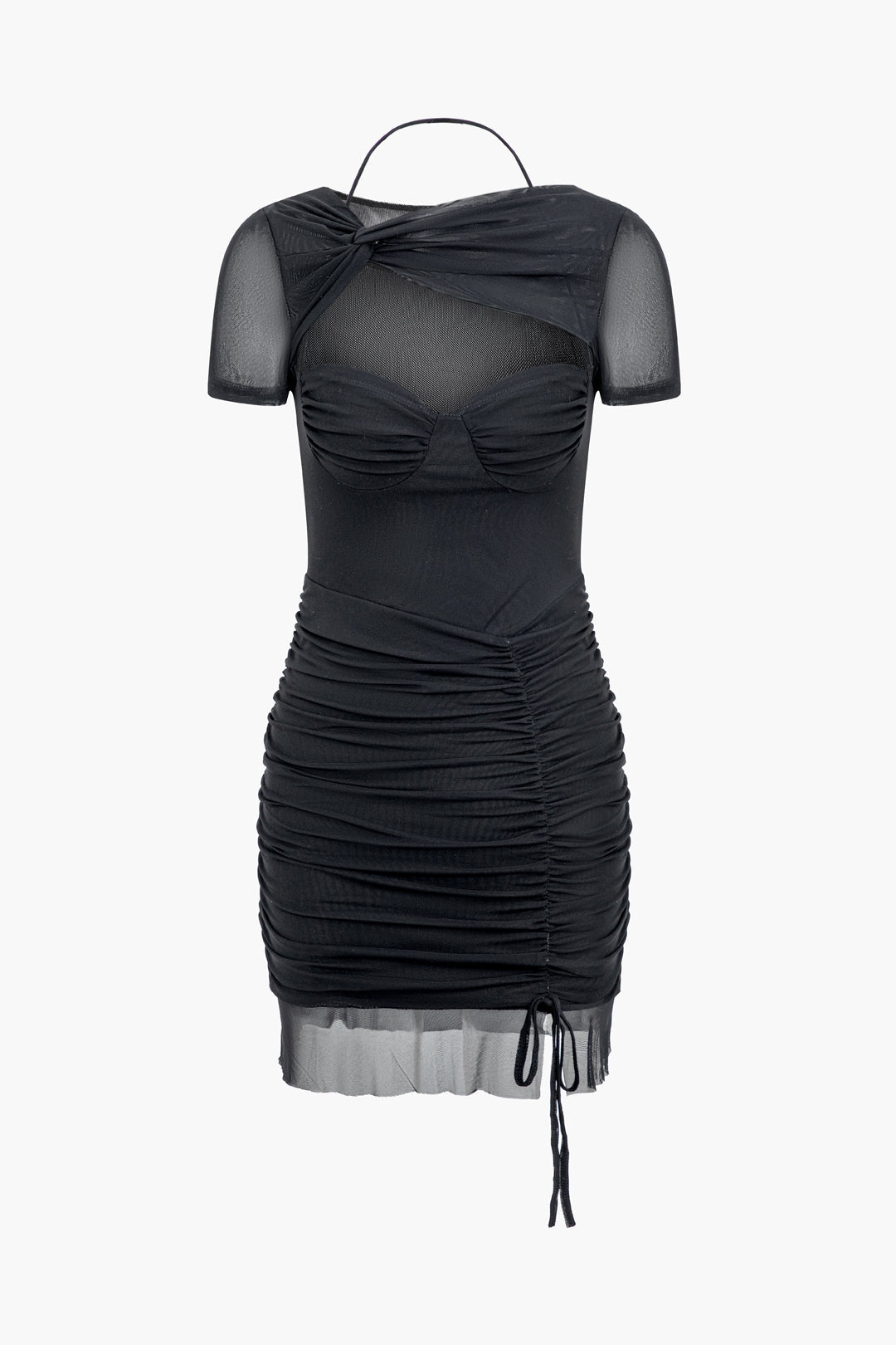 Twist Drawstring Ruched Mini Dress with Mesh Cut Out - Y2K Aesthetic Fashion Statement