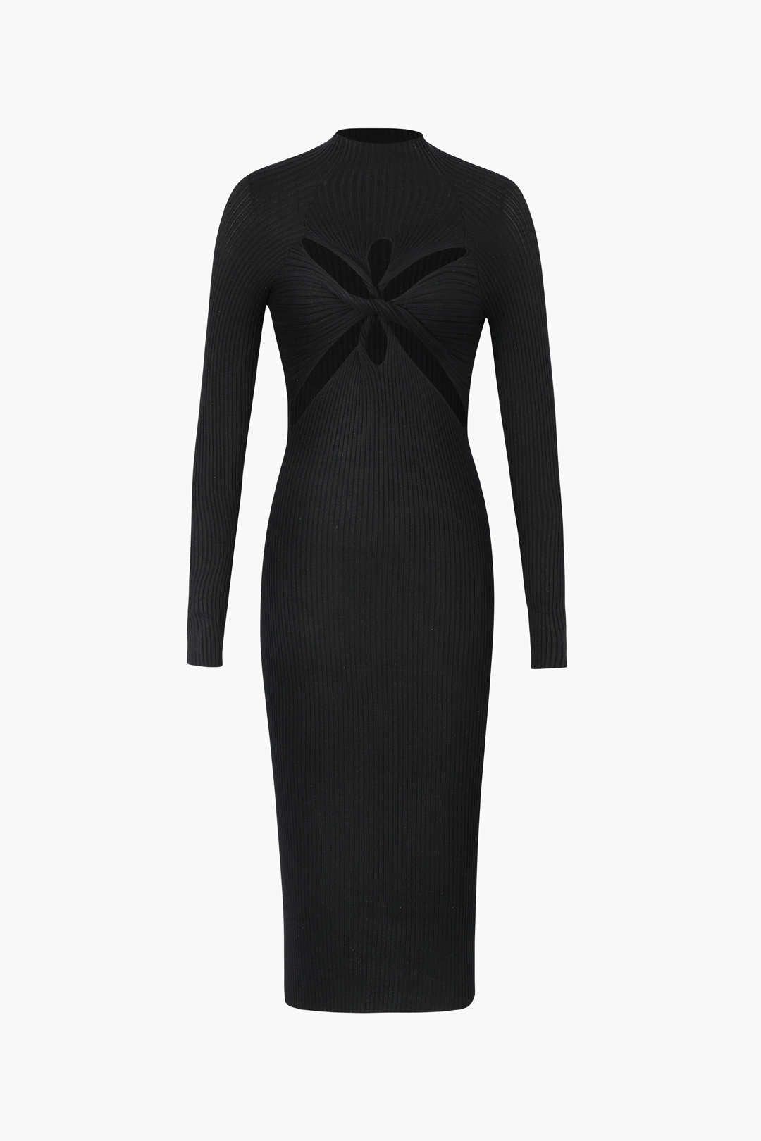 Twist Front Cut-Out Long Sleeve Rib Knit Midi Dress - Y2K Aesthetic Fashion Essential