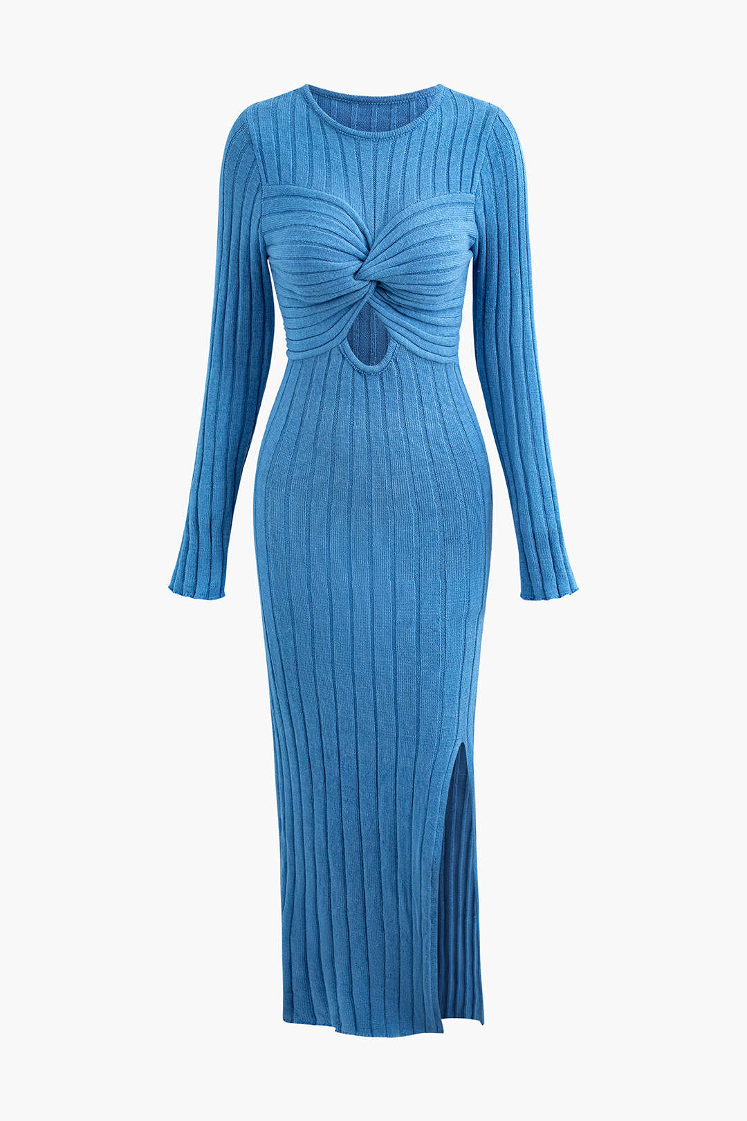 Twist Front Cut Out Rib Knit Long Sleeve Maxi Dress - Y2K Aesthetic Fashion Statement