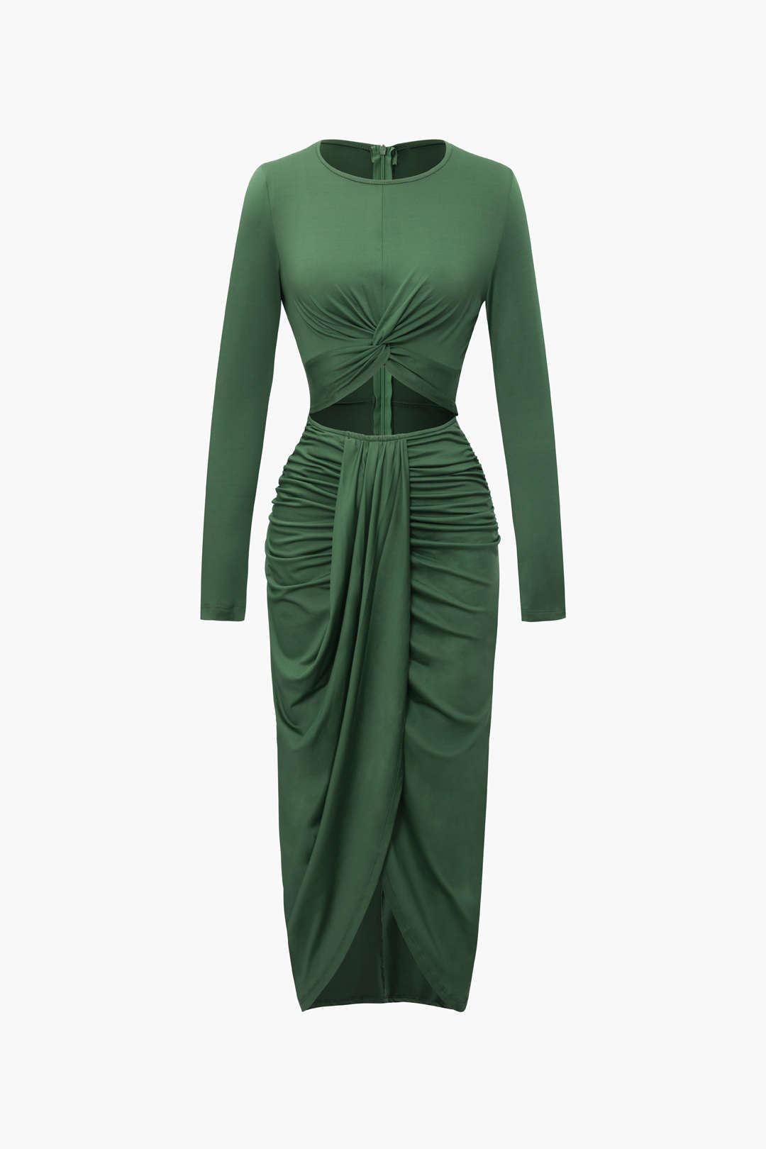 Twist Front Cut Out Ruched Long Sleeve Midi Dress - Y2K Aesthetic Fashion Statement