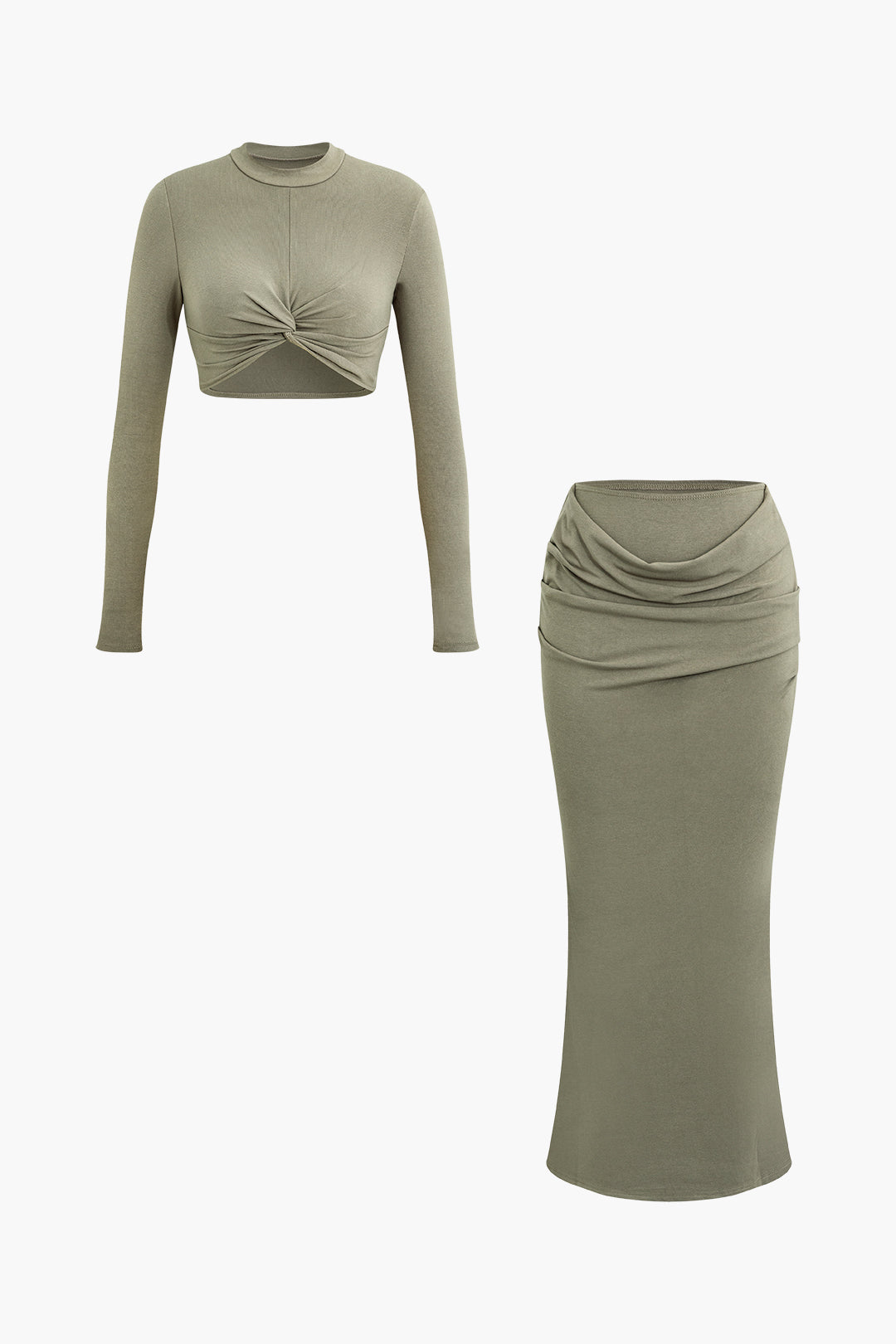 Twist Mock Neck Long Sleeve Crop Top with Ruched Mermaid Maxi Skirt Set for Y2K Aesthetic