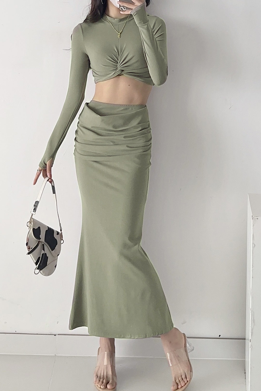 Twist Mock Neck Long Sleeve Crop Top with Ruched Mermaid Maxi Skirt Set for Y2K Aesthetic