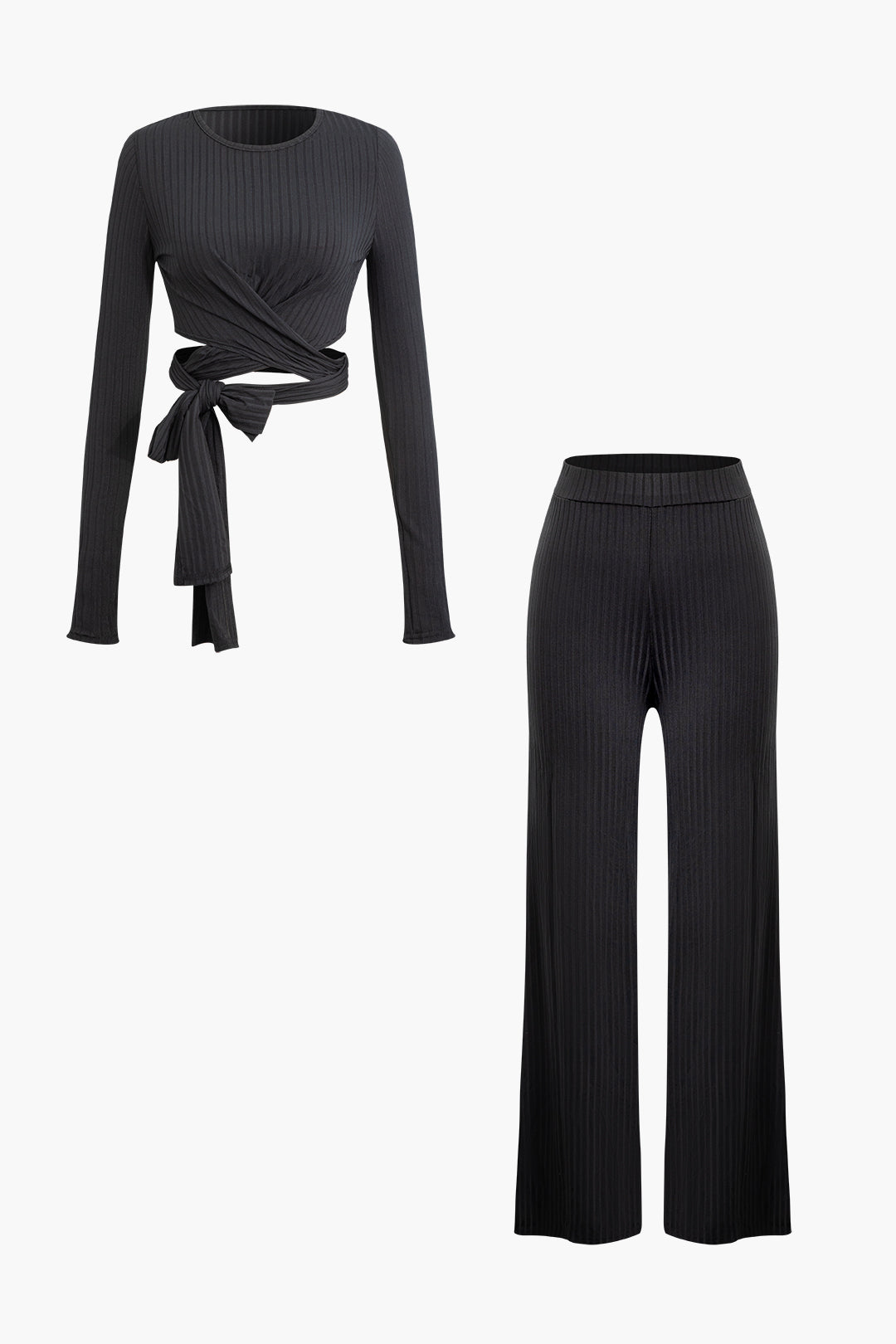 Twist Tie Round Neck Long Sleeve Top & High Waist Pants Set in Y2K Aesthetic Style