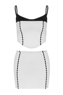 U Neck Contrast Backless Stitch Mini Skirt Set - Y2K Aesthetic Coquette Style Outfit