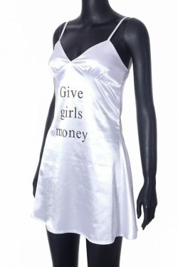 V-Neck Backless Cami Mini Dress with 'Give Girls Money' Print - Y2K Aesthetic Fashion