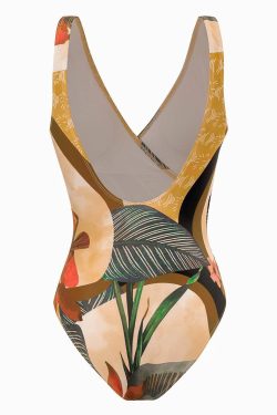 V-Neck Backless Leaf Pattern Ruched One-Piece Swimsuit for Y2K Aesthetic Summer Vibes