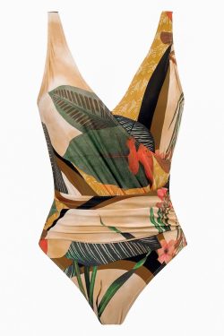 V-Neck Backless Leaf Pattern Ruched One-Piece Swimsuit for Y2K Aesthetic Summer Vibes