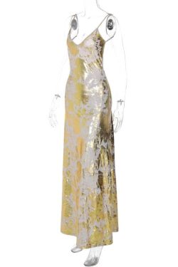 V-Neck Backless Metallic Print Contrast Cami Maxi Dress for Y2K Aesthetic Outfits