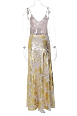 V-Neck Backless Metallic Print Contrast Cami Maxi Dress for Y2K Aesthetic Outfits