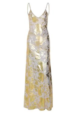 V-Neck Backless Metallic Print Contrast Cami Maxi Dress for Y2K Aesthetic Outfits