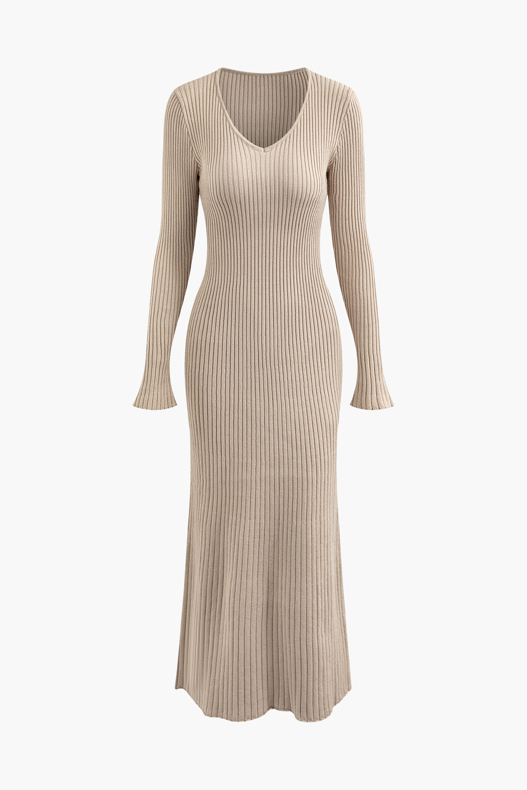 V-neck Bell Sleeve Rib Knit Maxi Dress - Y2K Aesthetic Fashion for Effortless Style