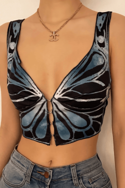 V-Neck Butterfly Print Buttoned Crop Top - Y2K Aesthetic Cute Top for Stylish Outfits