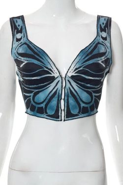 V-Neck Butterfly Print Buttoned Crop Top - Y2K Aesthetic Cute Top for Stylish Outfits