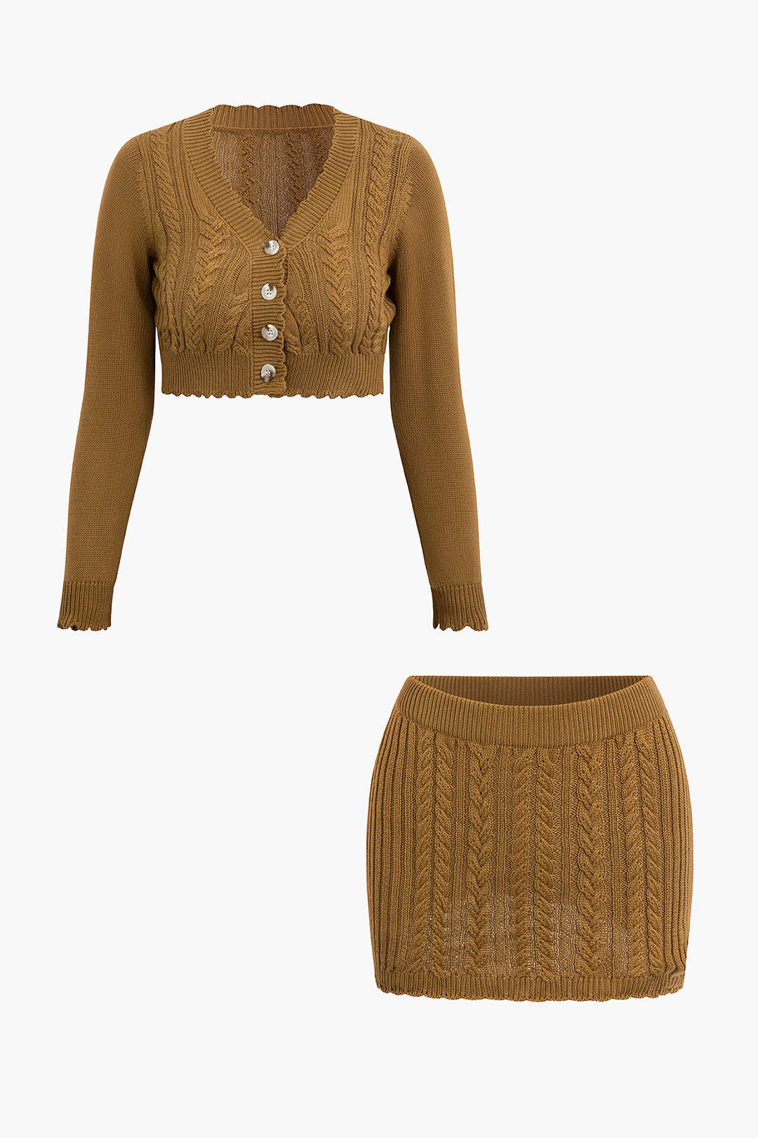 V-Neck Button-Up Cable Knit Crop Cardigan & Mini Skirt Set for Y2K Aesthetic Outfits