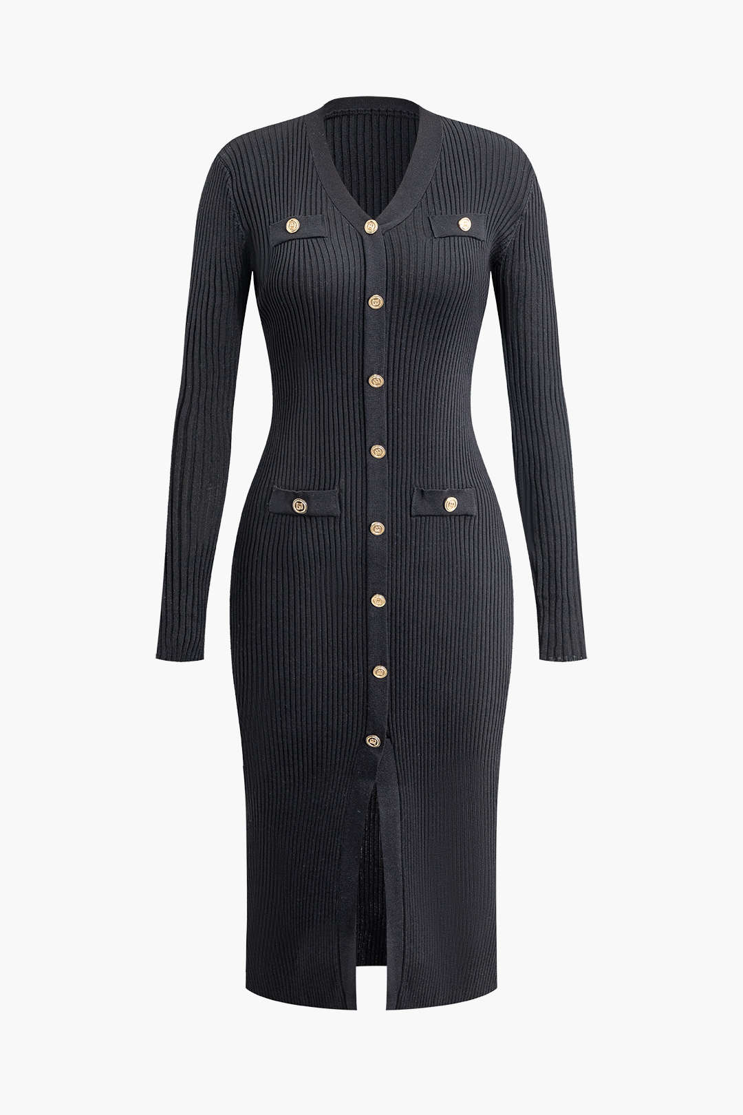 V-Neck Button-Up Rib Knit Long Sleeve Midi Dress - Y2K Aesthetic Chic for Effortless Style