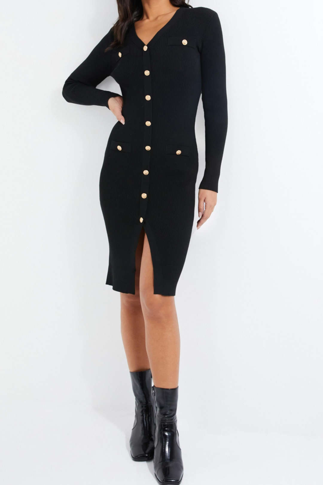 V-Neck Button-Up Rib Knit Long Sleeve Midi Dress - Y2K Aesthetic Chic for Effortless Style