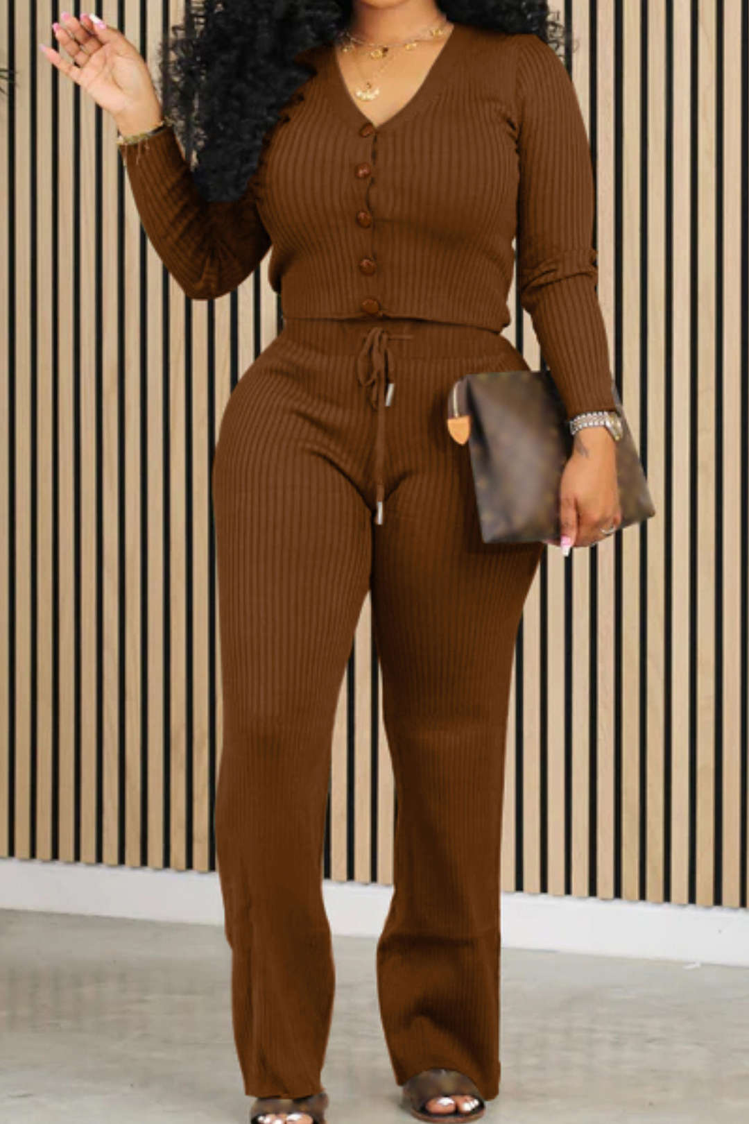 V-Neck Button-Up Rib Knit Top with Drawstring Straight Leg Pants Set for Y2K Aesthetic Outfits