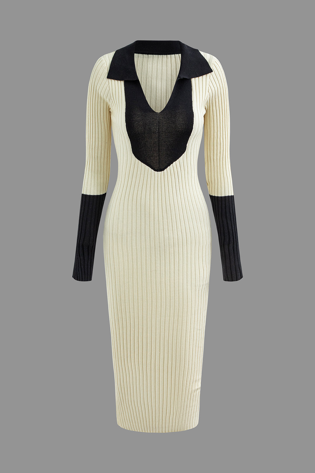 V-Neck Collar Rib Knit Midi Dress - Y2K Aesthetic Fashion for Effortless Style