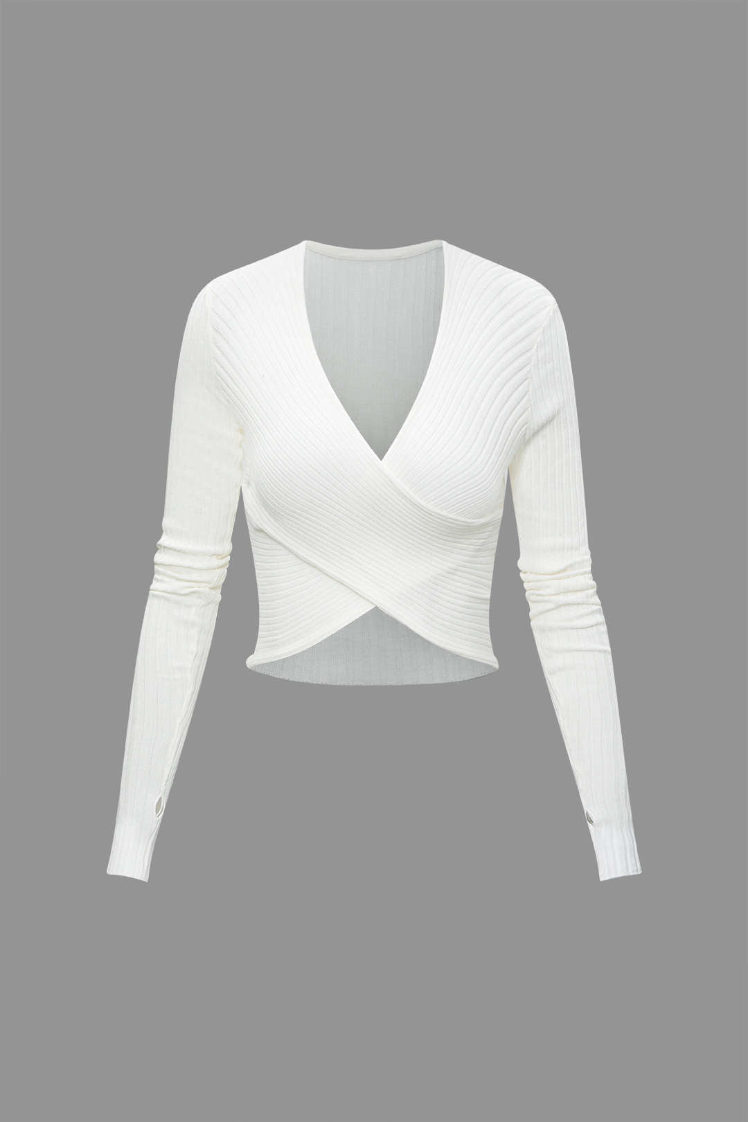 V-Neck Cross Ribbed Long Sleeve Knit Crop Top - Y2K Fashion Essential for Aesthetic Outfits