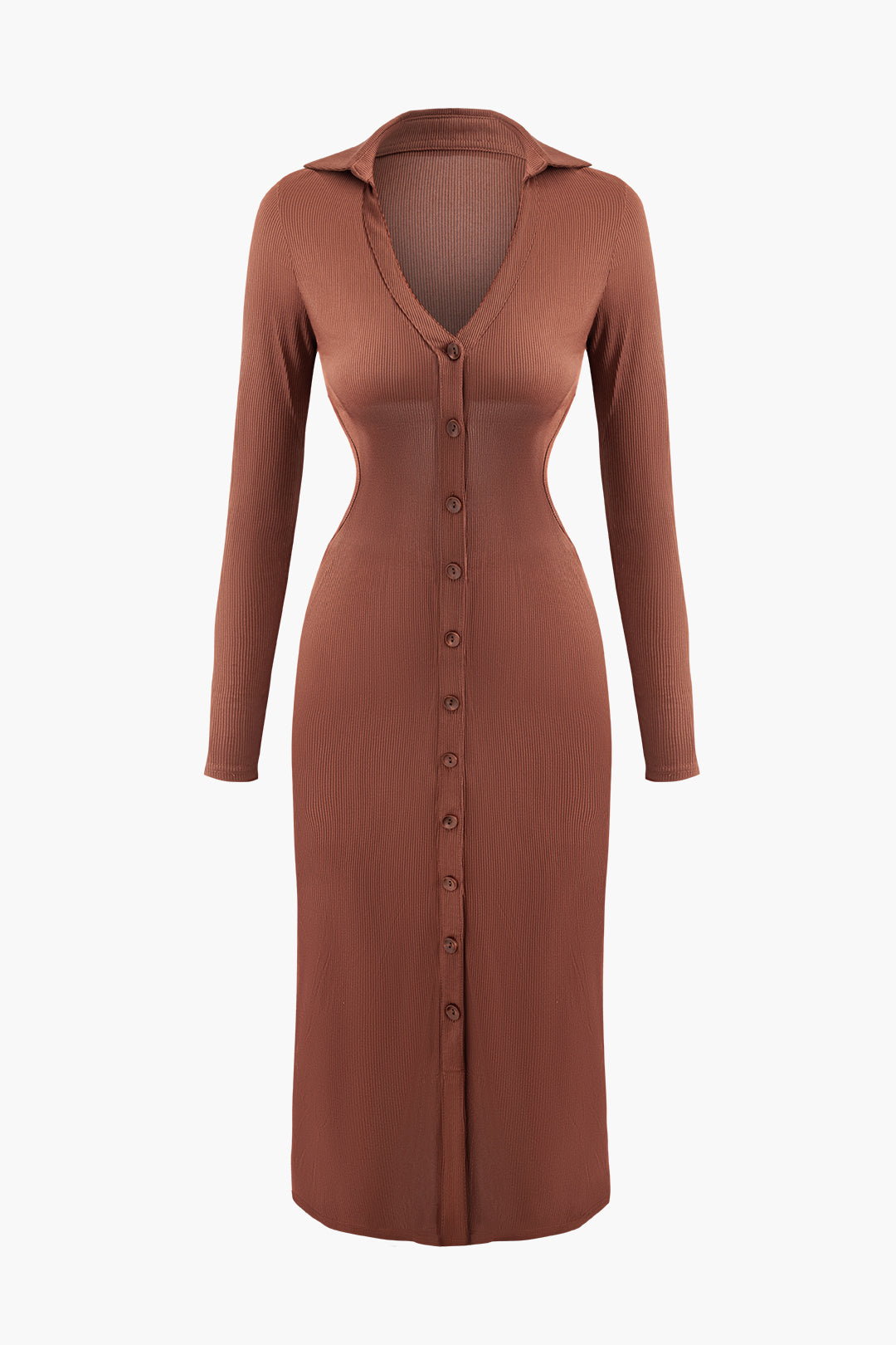 V-Neck Cut Out Button-Up Long Sleeve Knit Midi Dress for Y2K Aesthetic Fashion Lovers