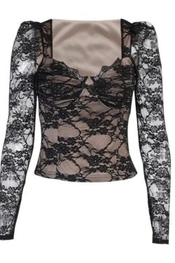 V-Neck Eyelash Lace Puff Sleeve Top - Y2K Fashion Coquette Aesthetic Cute Top