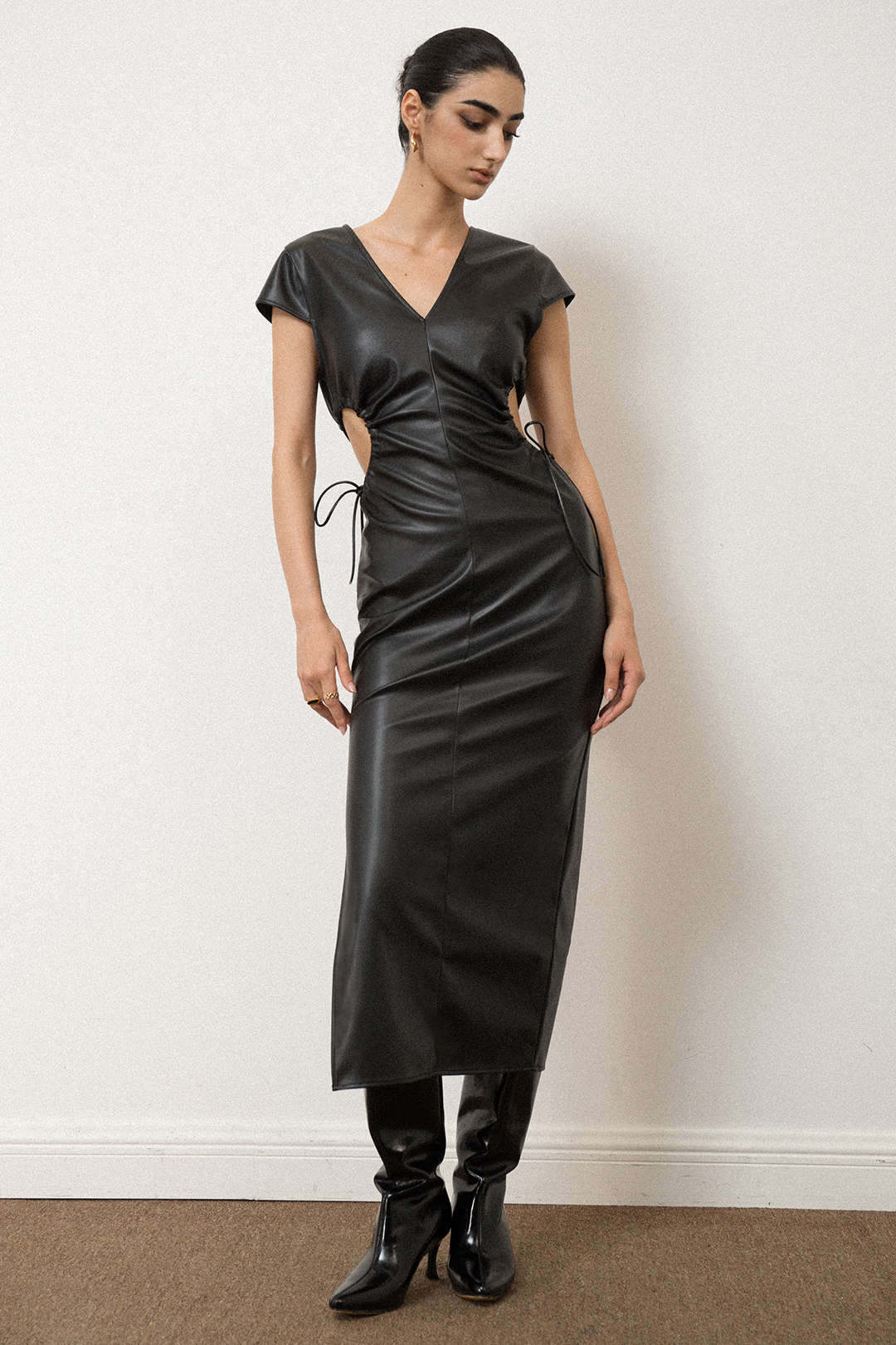 V-neck Faux Leather Cut Out Drawstring Midi Dress - Y2K Aesthetic Fashion Statement